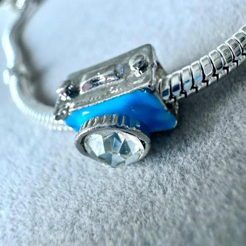 Camera Charm Blue Enamel‎ Crystal Lens Silver Tone Photography Bead fits PANDORA